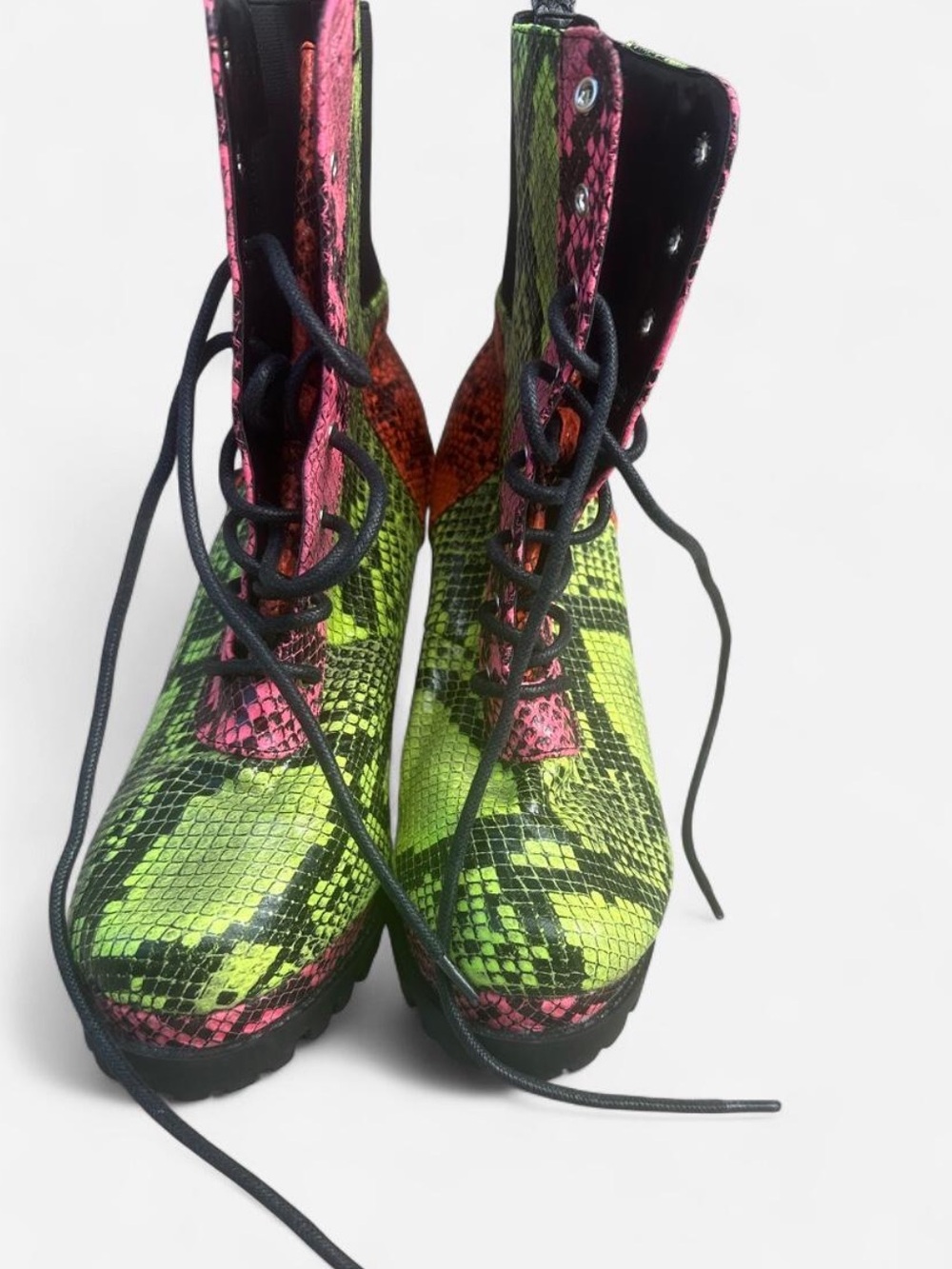 Cape Robbin Neon Green Pink Orange Snake-Print Lace-Up Platform Boots - Picture 2 of 5